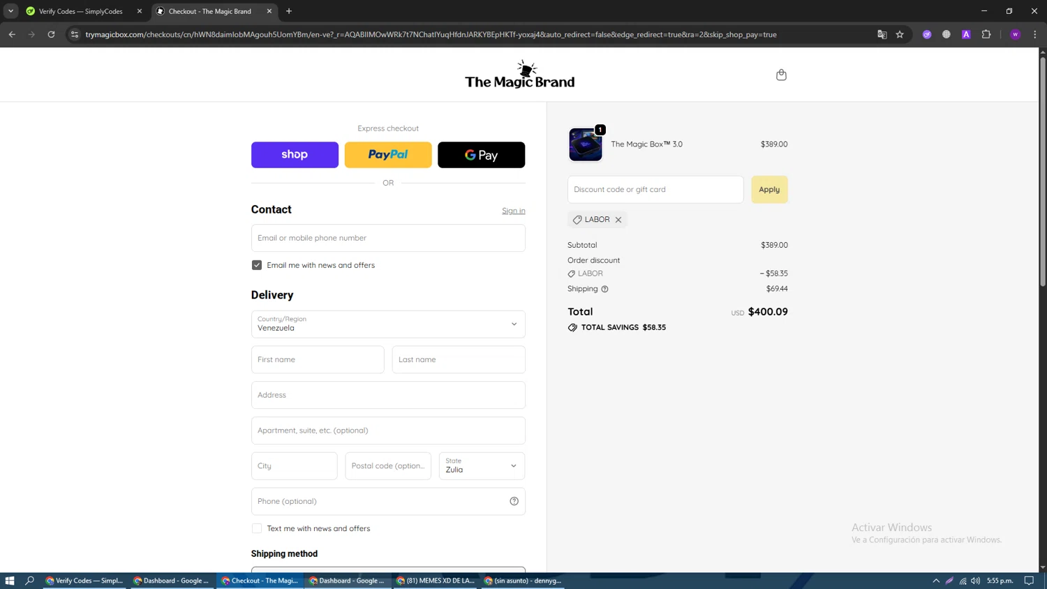 The Magic Brand checkout page showing The Magic Brand discount code box | Screenshot taken by SimplyCodes community member on Feb 10, 2026