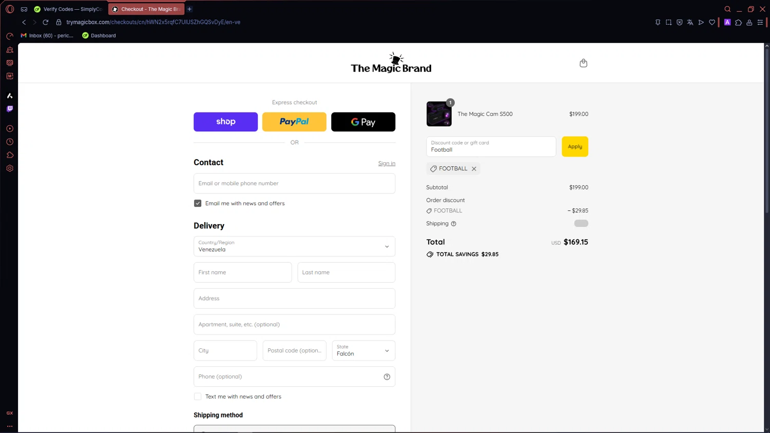 The Magic Brand discount code screenshot showing code Football applied at The Magic Brand checkout page. Uploaded by SimplyCodes community member ThriftyMaverick5752 on Sep 14, 2025