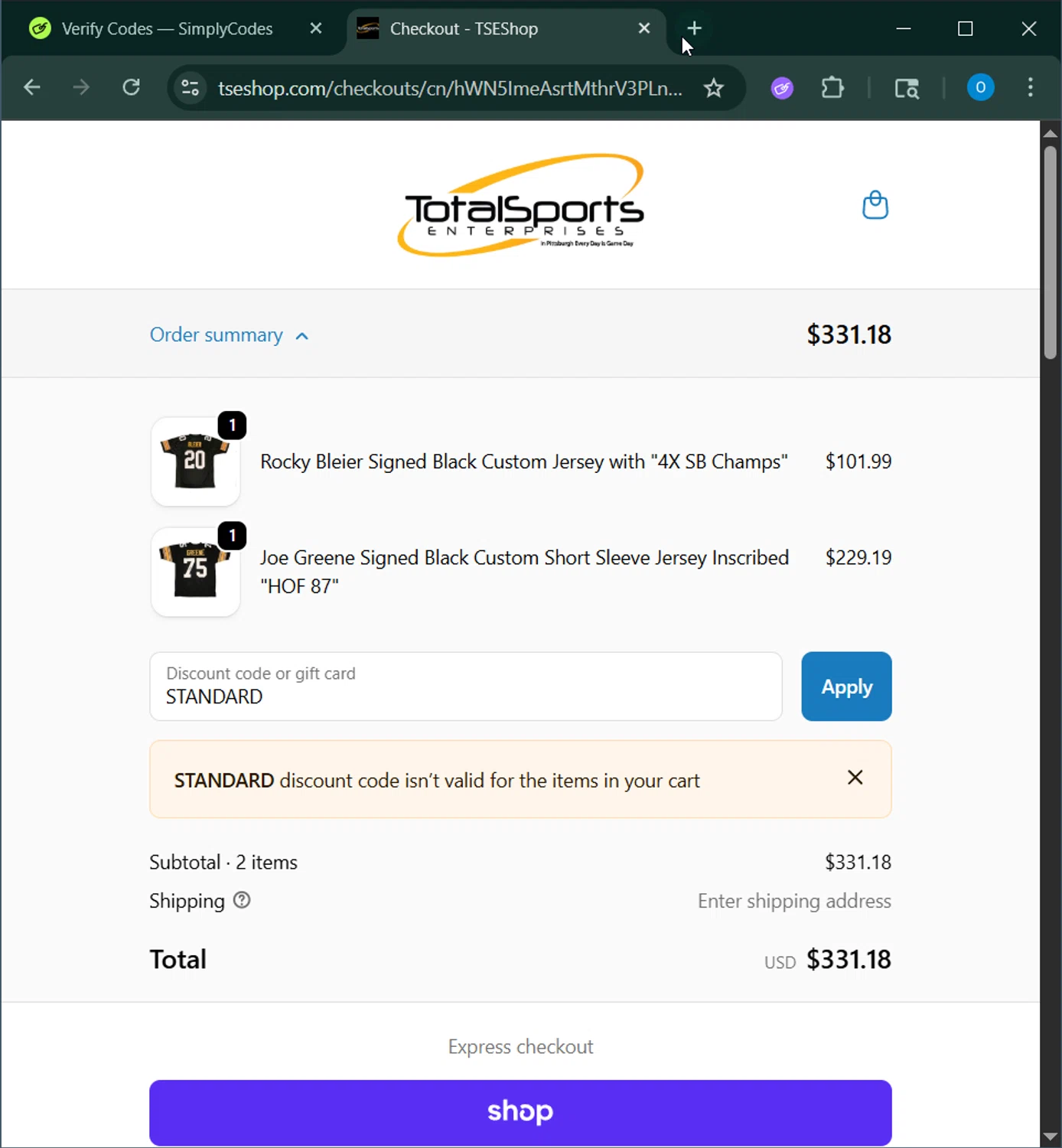 TSE Shop promo code screenshot showing code STANDARD applied at TSE Shop checkout page. Uploaded by SimplyCodes community member GoldAdmiral5202 on Nov 15, 2025