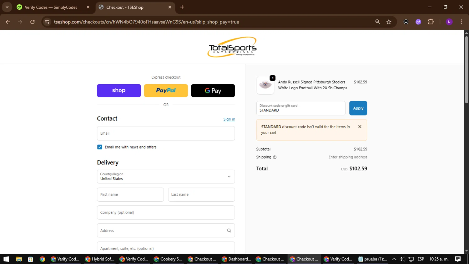 TSE Shop promo code screenshot showing code STANDARD applied at TSE Shop checkout page. Uploaded by SimplyCodes community member NATAAAAAANAELCANO on Oct 27, 2025