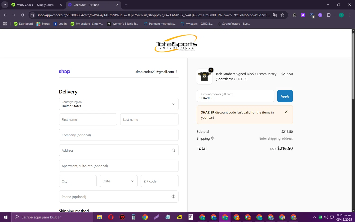 TSE Shop promo code screenshot showing code SHAZIER applied at TSE Shop checkout page. Uploaded by SimplyCodes community member SarayH on Dec 5, 2025