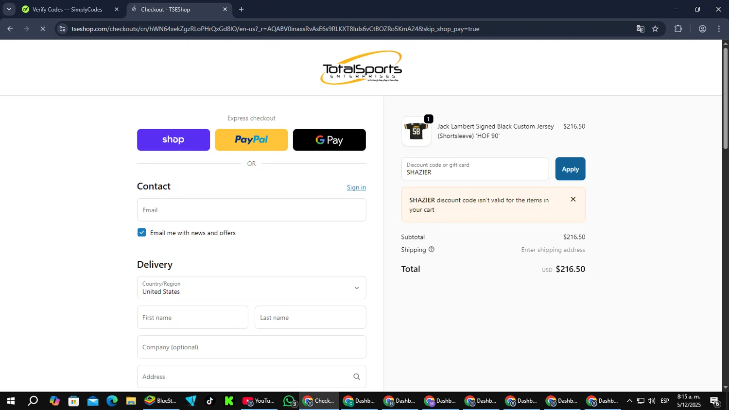 TSE Shop promo code screenshot showing code SHAZIER applied at TSE Shop checkout page. Uploaded by SimplyCodes community member jorgeyahoo on Dec 5, 2025