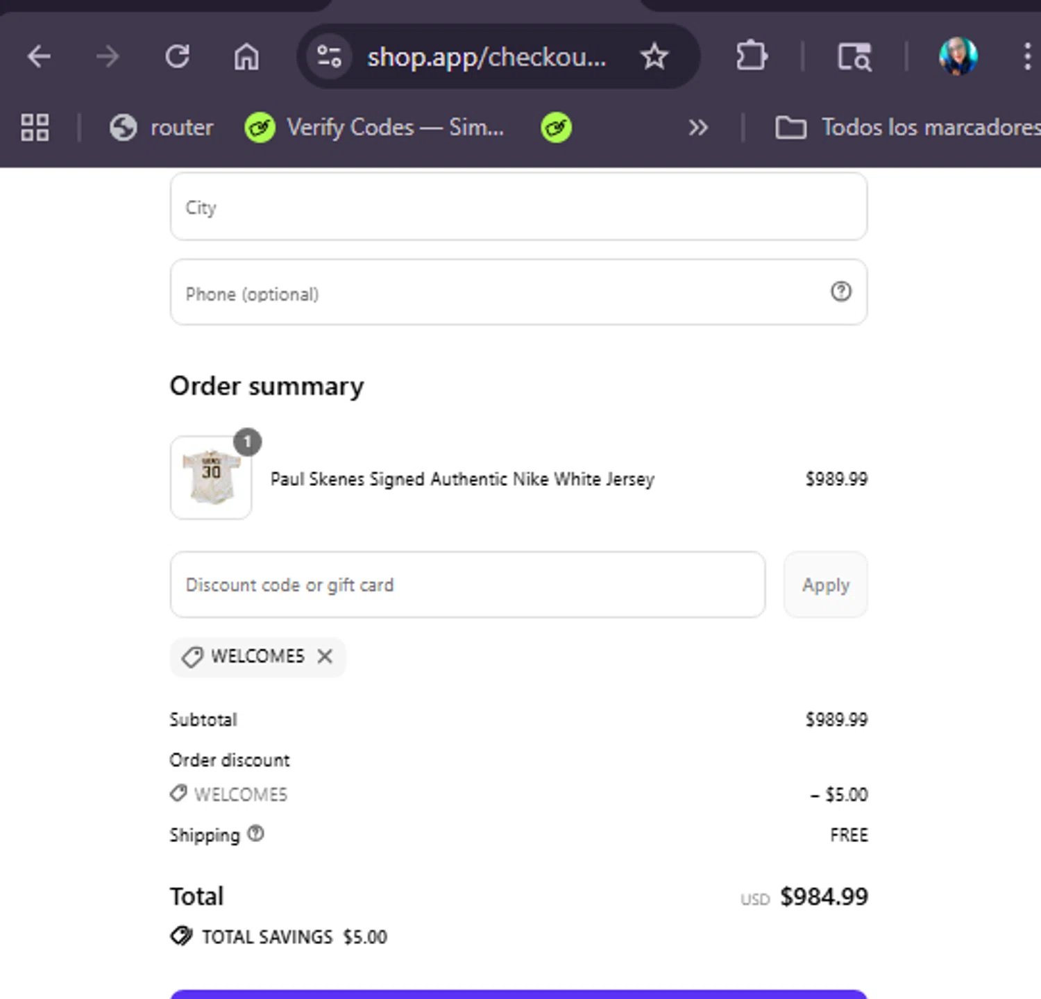 TSE Shop promo code screenshot showing code WELCOME5 applied at TSE Shop checkout page. Uploaded by SimplyCodes community member JannyiseaN on Jul 20, 2025