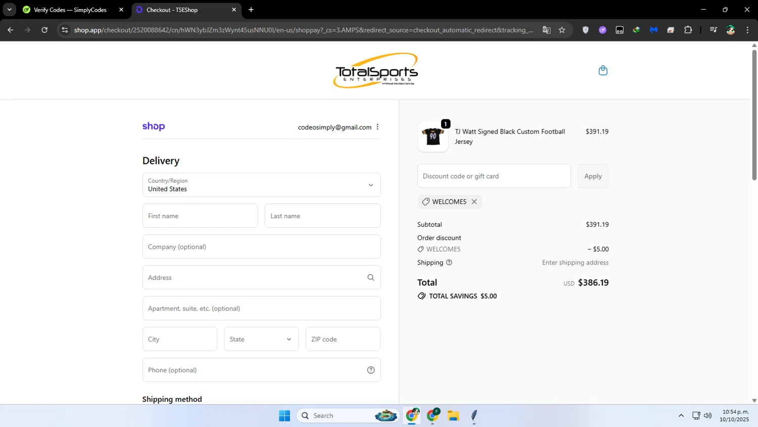 TSE Shop promo code screenshot showing code WELCOME5 applied at TSE Shop checkout page. Uploaded by SimplyCodes community member franalepe on Oct 11, 2025