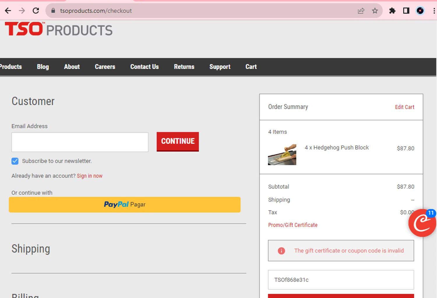 TSO Products checkout page showing TSO Products promo code box | Screenshot taken by SimplyCodes community member on Sep 29, 2023