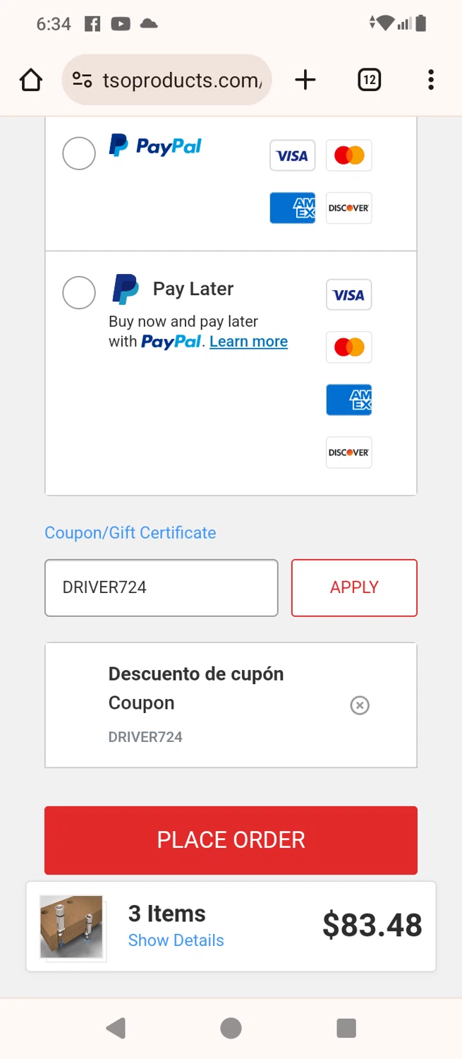 TSO Products checkout page showing TSO Products promo code box | Screenshot taken by SimplyCodes community member on Jul 24, 2024
