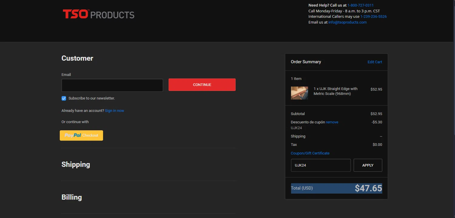 TSO Products checkout page showing TSO Products promo code box | Screenshot taken by SimplyCodes community member on Nov 22, 2024
