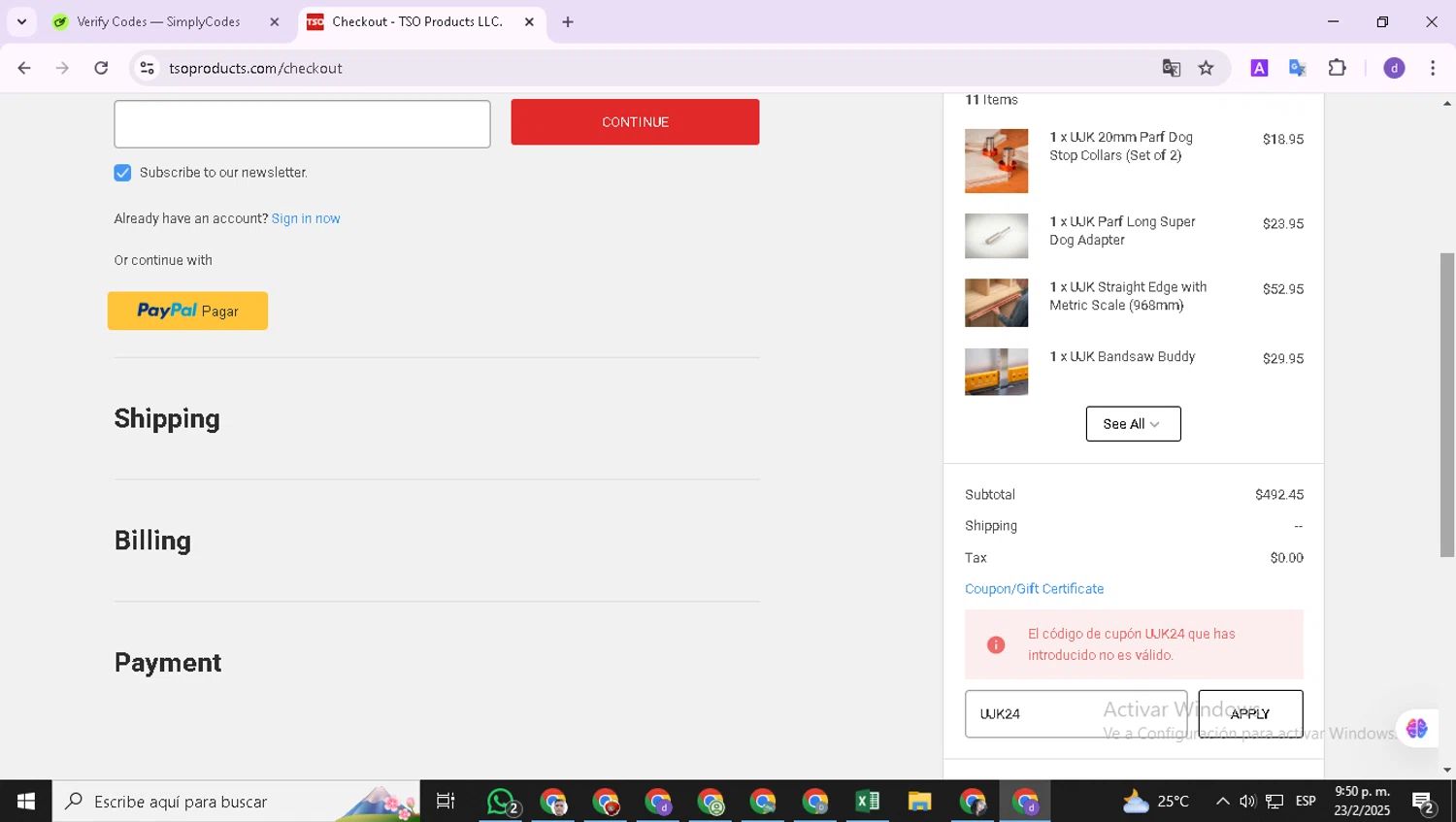 TSO Products promo code screenshot showing code UJK24 applied at TSO Products checkout page. Uploaded by SimplyCodes community member FortunatePioneer422 on Feb 24, 2025