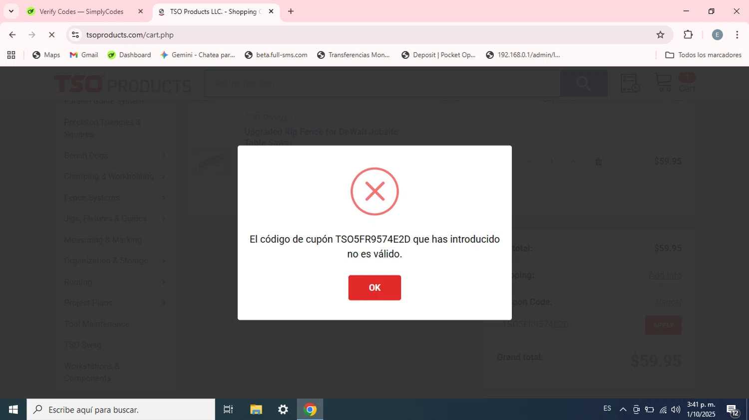 TSO Products promo code screenshot showing code TSO5FR9574E2D applied at TSO Products checkout page. Uploaded by SimplyCodes community member Esteban on Oct 1, 2025