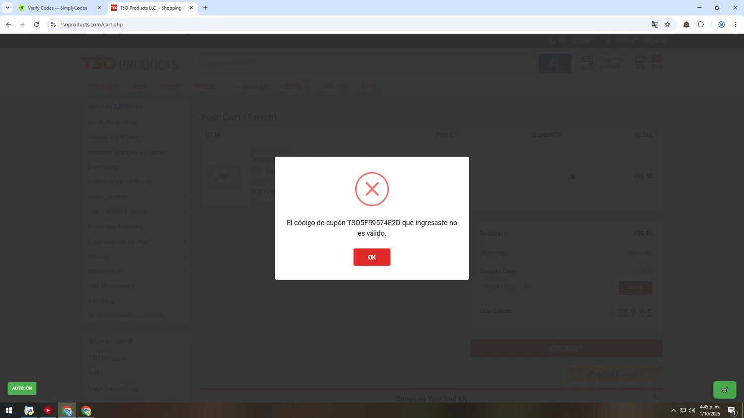 TSO Products promo code screenshot showing code TSO5FR9574E2D applied at TSO Products checkout page. Uploaded by SimplyCodes community member HUMANIZER on Oct 1, 2025