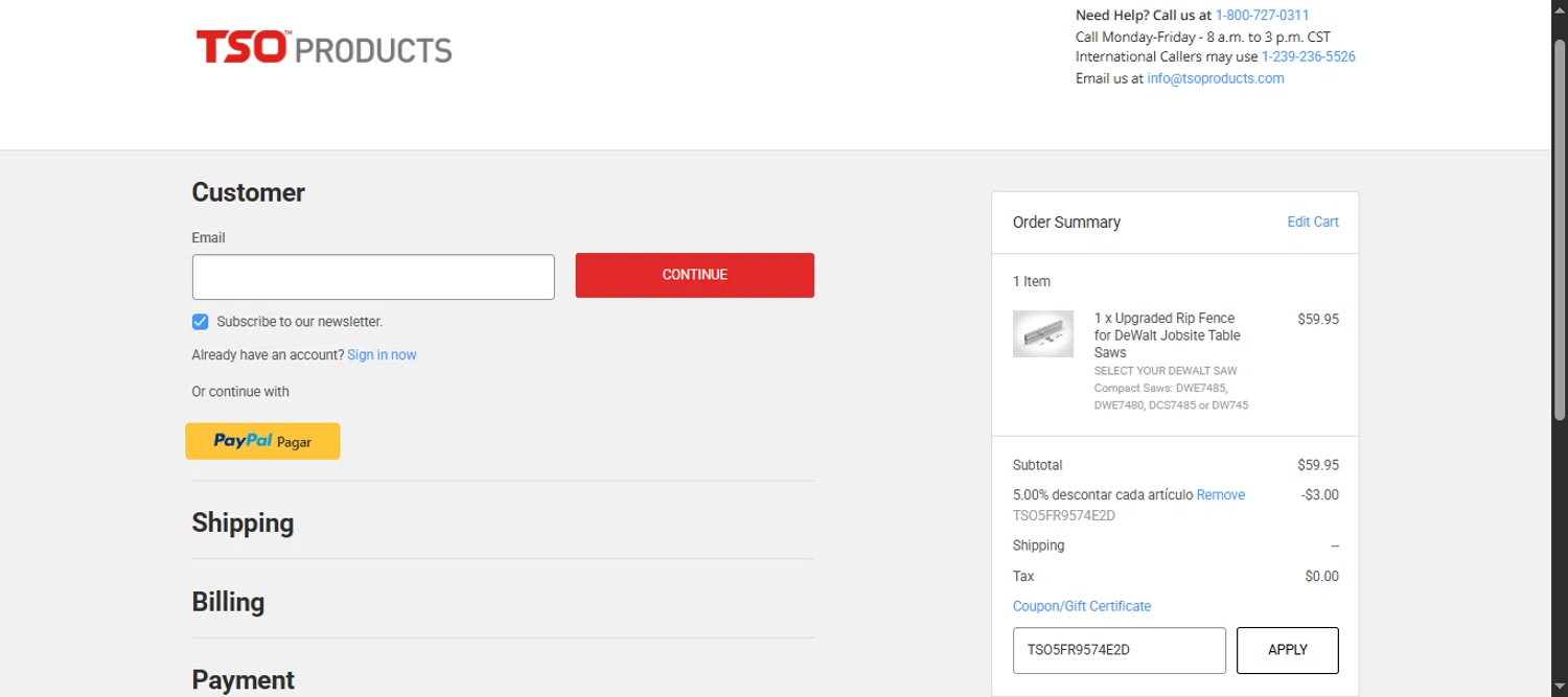 TSO Products checkout page showing TSO Products promo code box | Screenshot taken by SimplyCodes community member on Jul 25, 2025
