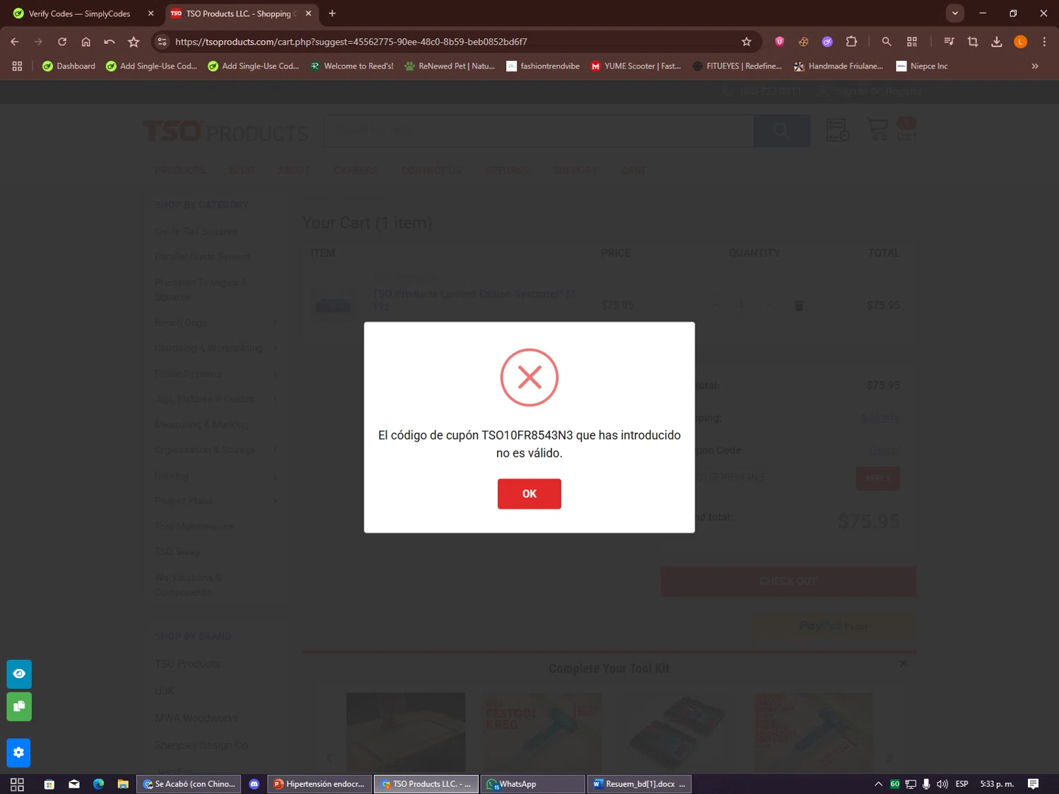 TSO Products promo code screenshot showing code TSO10FR8543N3 applied at TSO Products checkout page. Uploaded by SimplyCodes community member Alalee on Oct 2, 2025