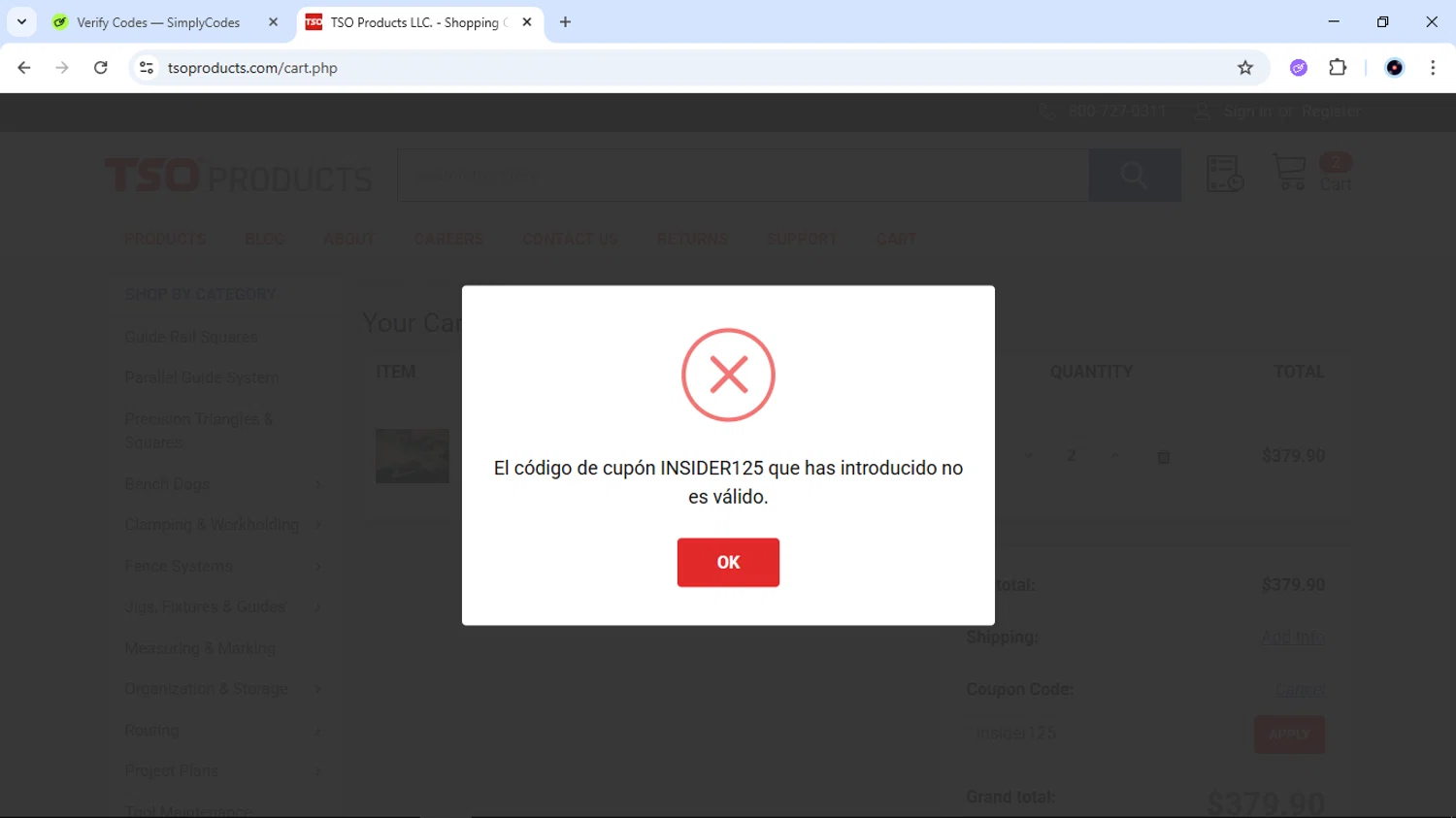 TSO Products promo code screenshot showing code Insider125 applied at TSO Products checkout page. Uploaded by SimplyCodes community member EpicTiger6039 on Nov 25, 2025