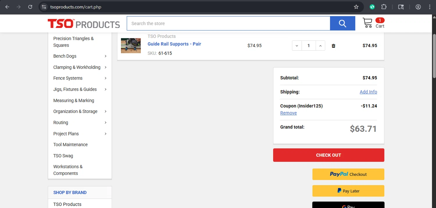 TSO Products promo code screenshot showing code Insider125 applied at TSO Products checkout page. Uploaded by SimplyCodes community member xaswqe on Nov 14, 2025
