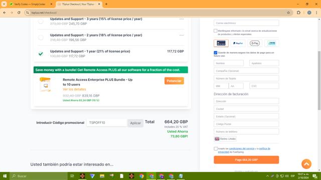 TSPlus checkout page showing TSPlus coupon code box | Screenshot taken by SimplyCodes community member on Oct 2, 2024