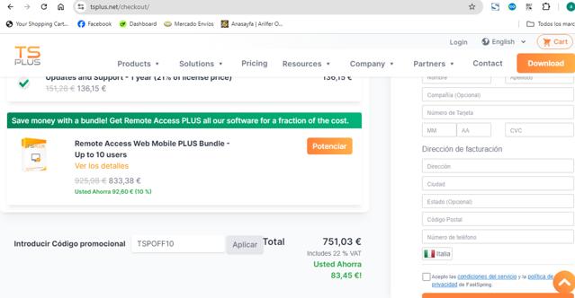 TSPlus checkout page showing TSPlus coupon code box | Screenshot taken by SimplyCodes community member on Aug 5, 2024