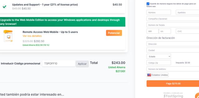 TSPlus checkout page showing TSPlus coupon code box | Screenshot taken by SimplyCodes community member on Jun 13, 2024