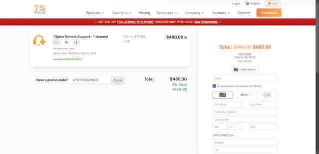 TSPlus checkout page showing TSPlus coupon code box | Screenshot taken by SimplyCodes community member on Dec 8, 2024