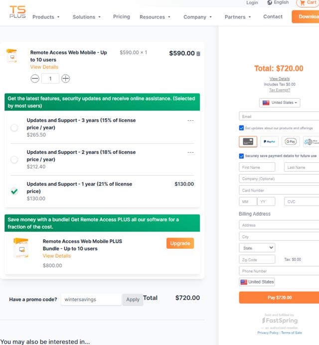 TSPlus checkout page showing TSPlus coupon code box | Screenshot taken by SimplyCodes community member on Jan 10, 2025