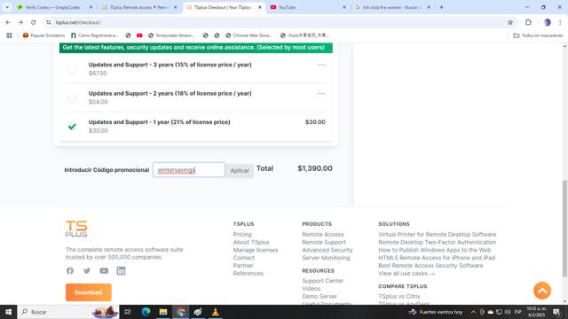 TSPlus checkout page showing TSPlus coupon code box | Screenshot taken by SimplyCodes community member on Feb 6, 2025