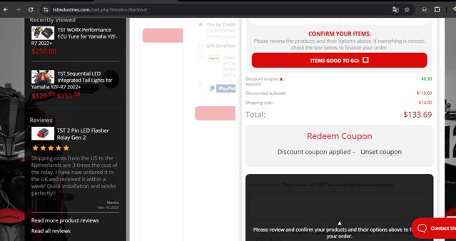TST Industries checkout page showing TST Industries coupon code box | Screenshot taken by SimplyCodes community member on Apr 1, 2025