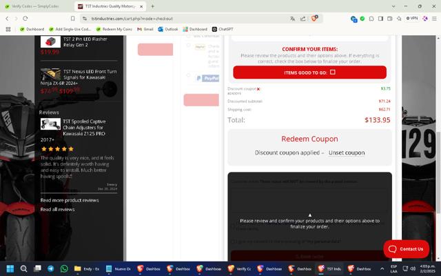 TST Industries checkout page showing TST Industries coupon code box | Screenshot taken by SimplyCodes community member on Feb 2, 2025