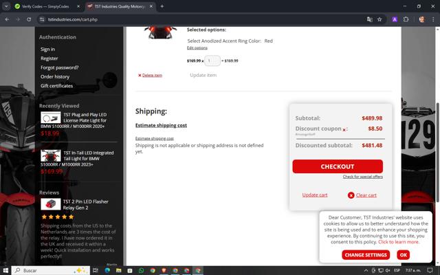 TST Industries checkout page showing TST Industries coupon code box | Screenshot taken by SimplyCodes community member on Mar 28, 2025