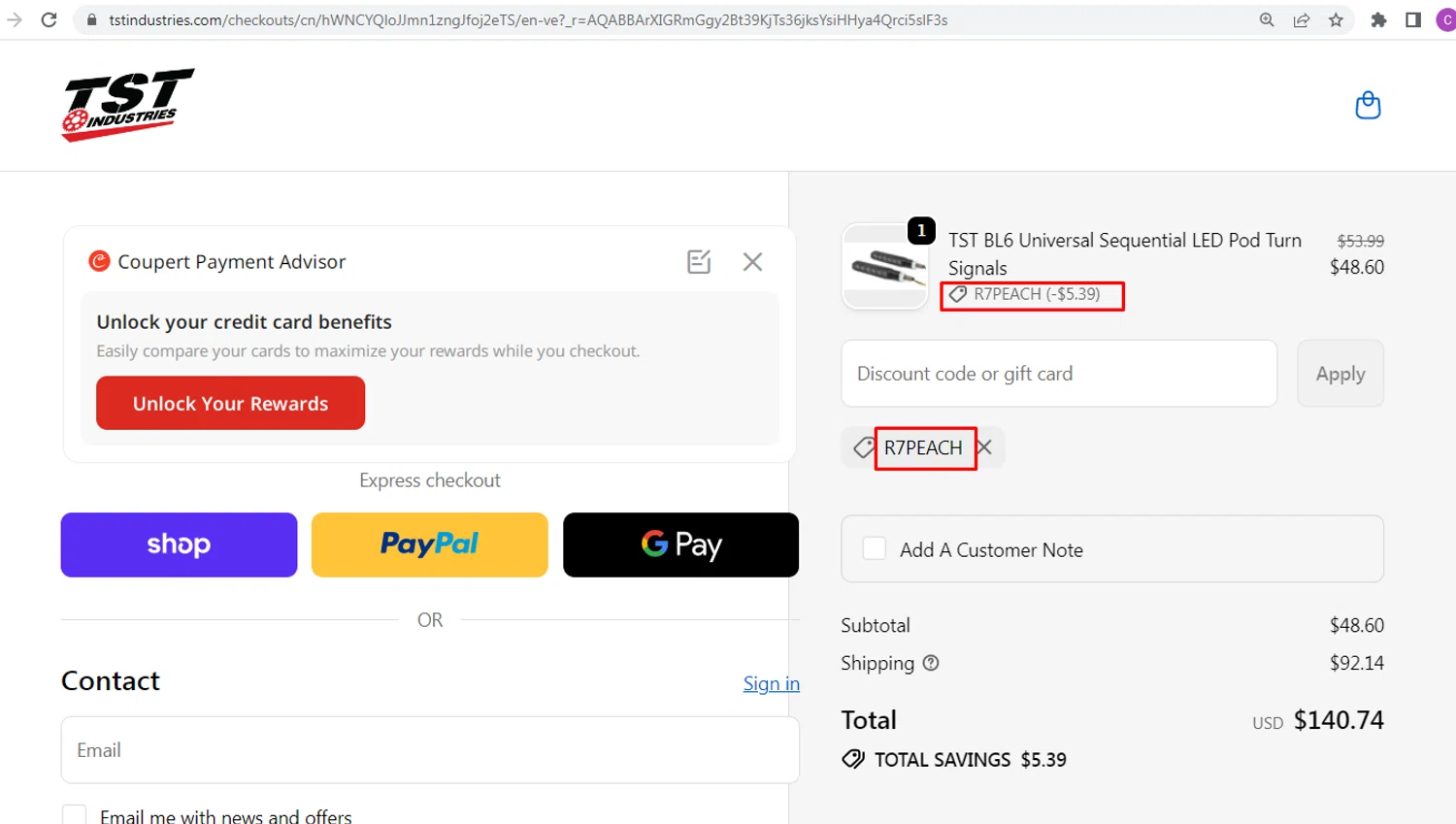 TST Industries promo code screenshot showing code R7PEACH applied at TST Industries checkout page. Uploaded by SimplyCodes community member nileskamarcano on May 26, 2026