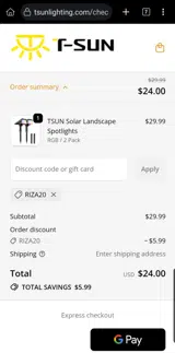 RIZA20 coupon verification screenshot
