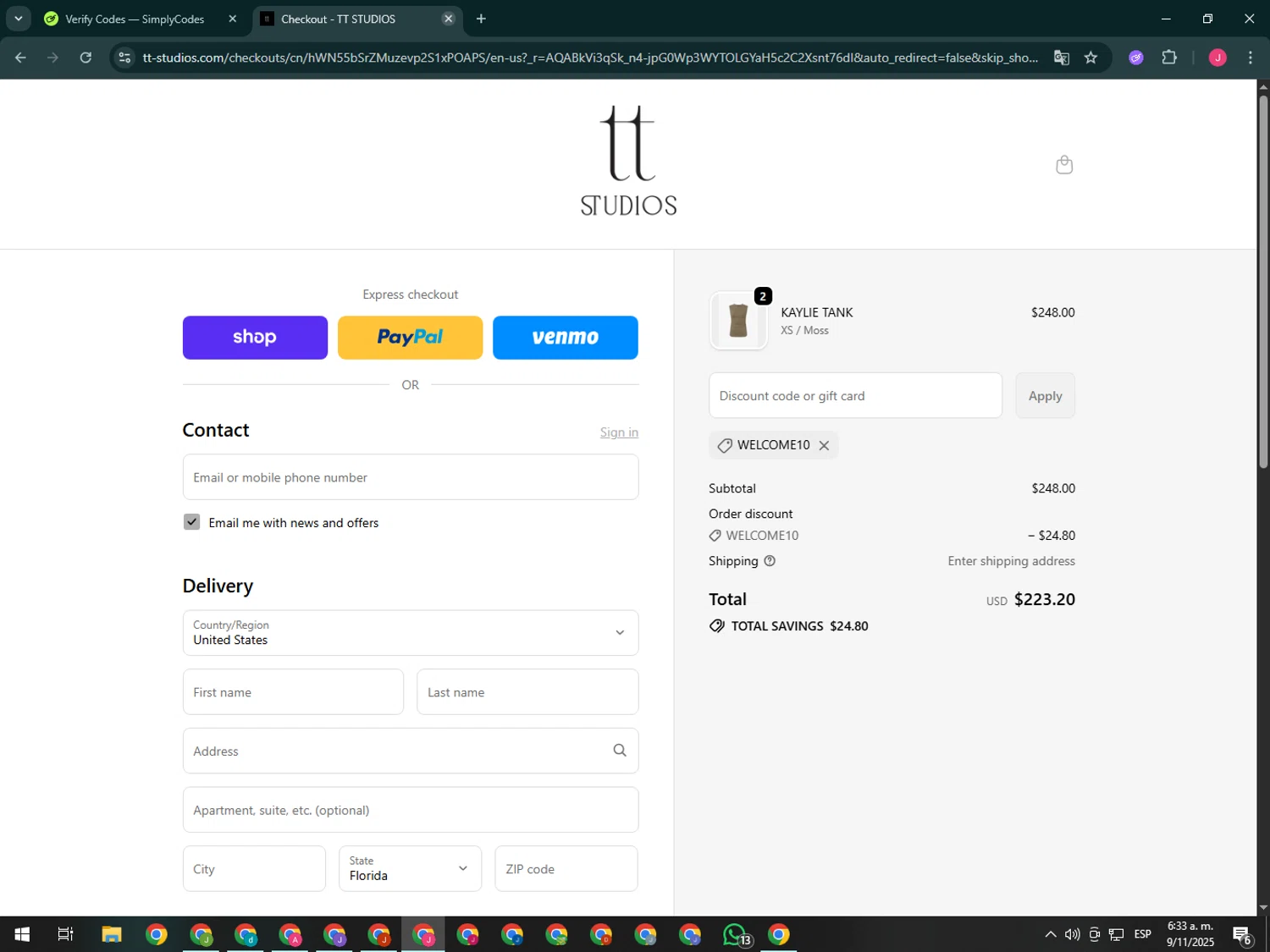 TT Studios promo code screenshot showing code WELCOME10 applied at TT Studios checkout page. Uploaded by SimplyCodes community member CleverShopper2101 on Nov 9, 2025