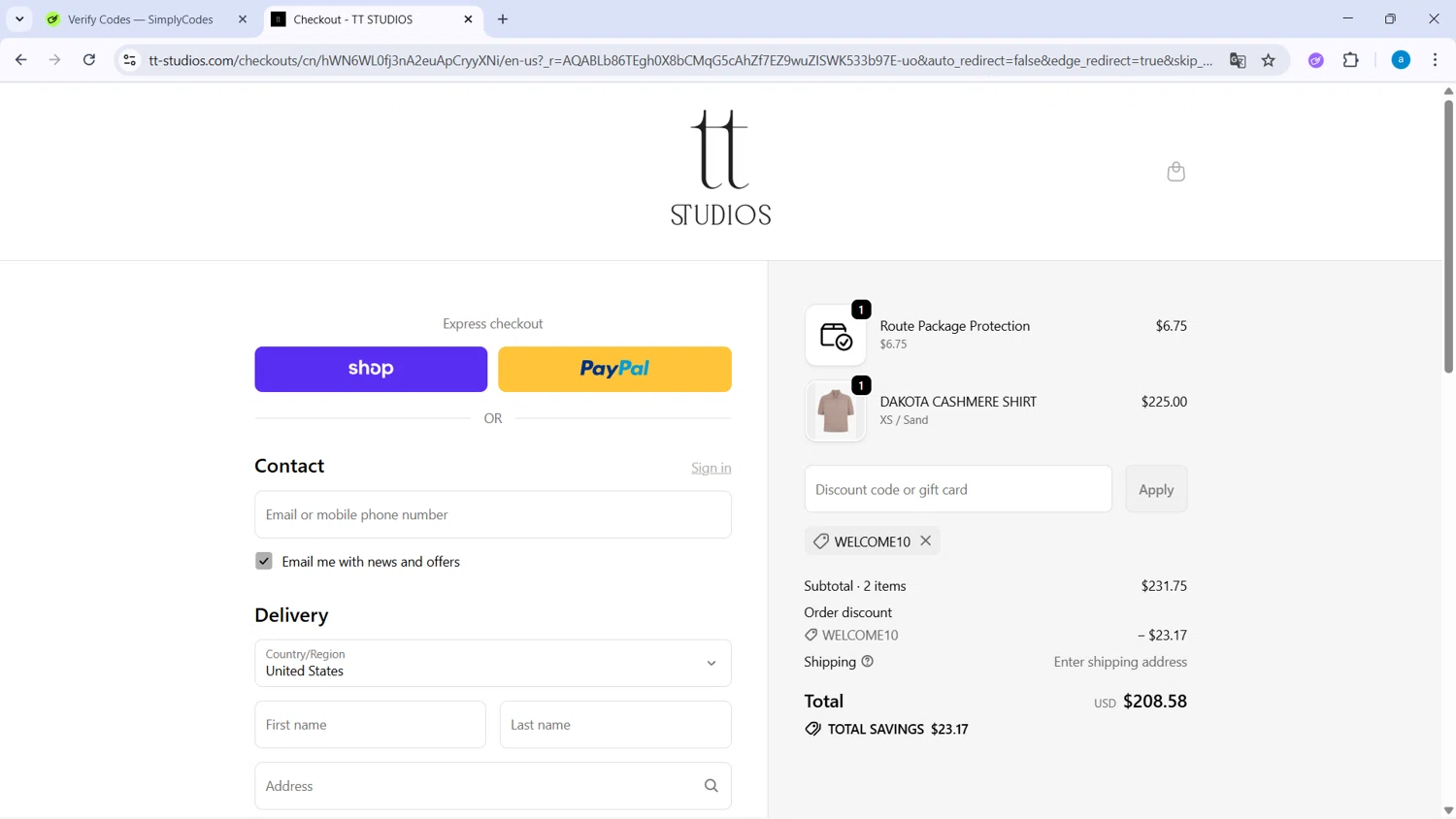 TT Studios promo code screenshot showing code WELCOME10 applied at TT Studios checkout page. Uploaded by SimplyCodes community member WiseHawk9255 on Dec 17, 2025