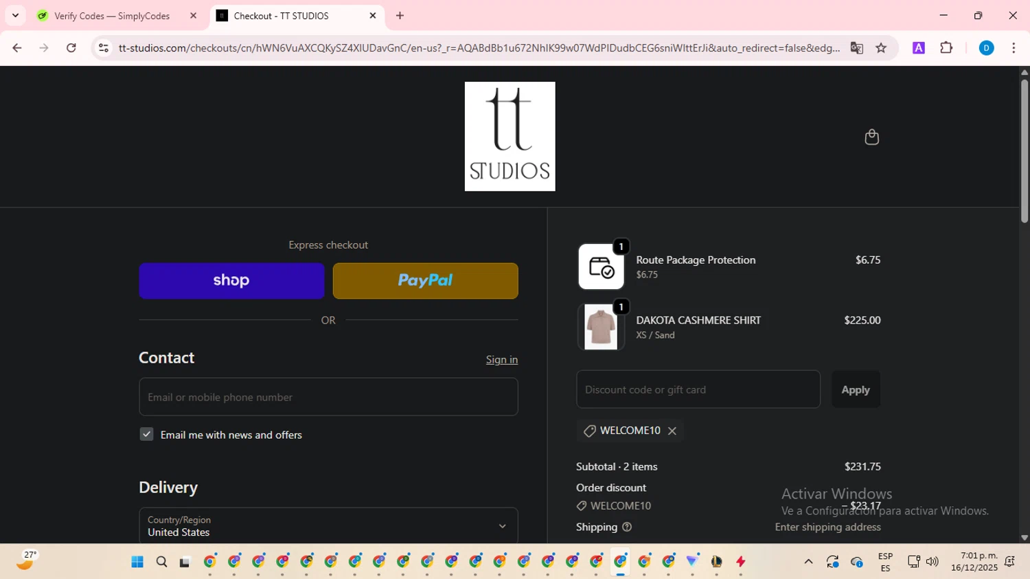 TT Studios promo code screenshot showing code WELCOME10 applied at TT Studios checkout page. Uploaded by SimplyCodes community member saltediosteve on Dec 16, 2025
