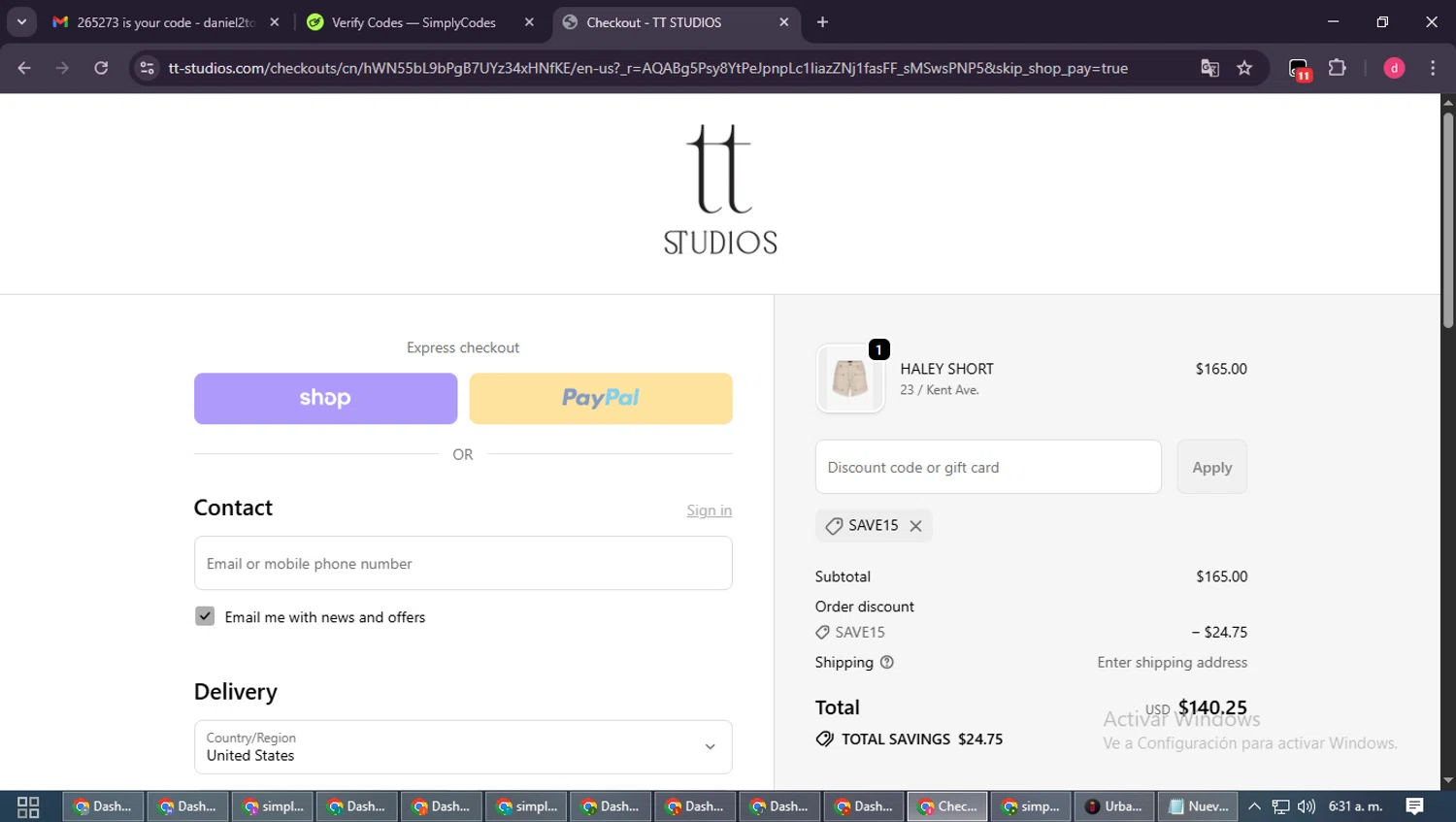 TT Studios promo code screenshot showing code SAVE15 applied at TT Studios checkout page. Uploaded by SimplyCodes community member MagnificentSpotter4236 on Nov 9, 2025
