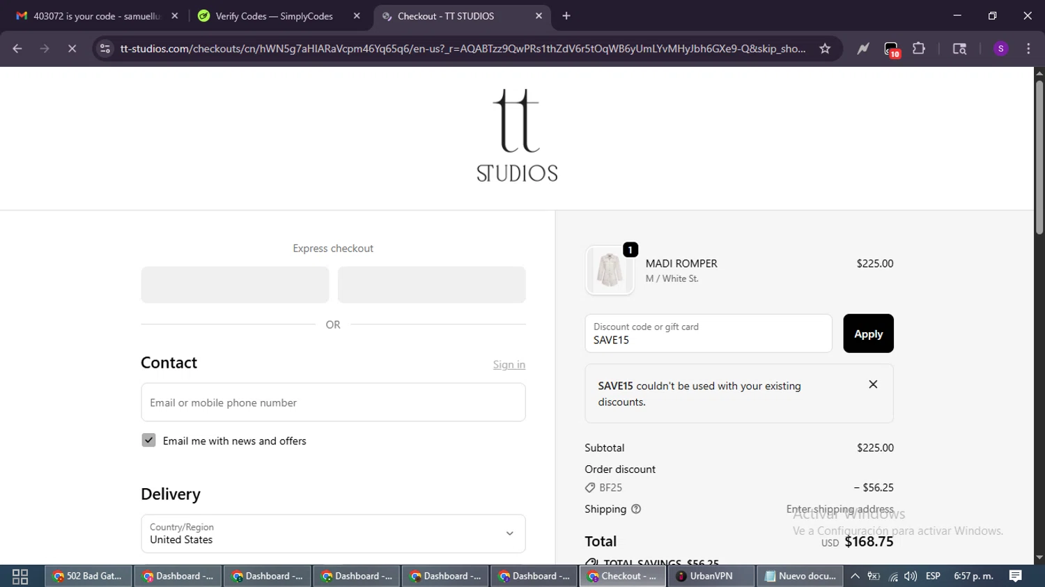 TT Studios promo code screenshot showing code SAVE15 applied at TT Studios checkout page. Uploaded by SimplyCodes community member ShieldWarden7838 on Nov 24, 2025
