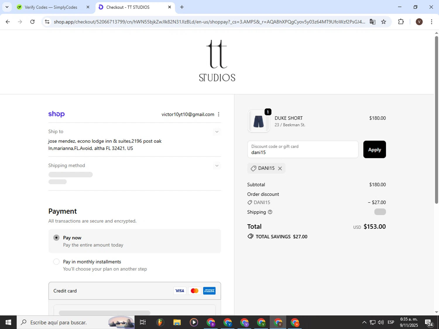 TT Studios promo code screenshot showing code dani15 applied at TT Studios checkout page. Uploaded by SimplyCodes community member CashLion3448 on Nov 9, 2025