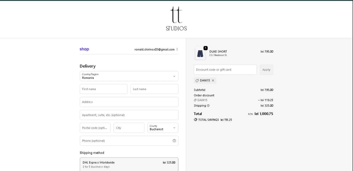 TT Studios promo code screenshot showing code dani15 applied at TT Studios checkout page. Uploaded by SimplyCodes community member GoldAce6962 on Dec 11, 2025