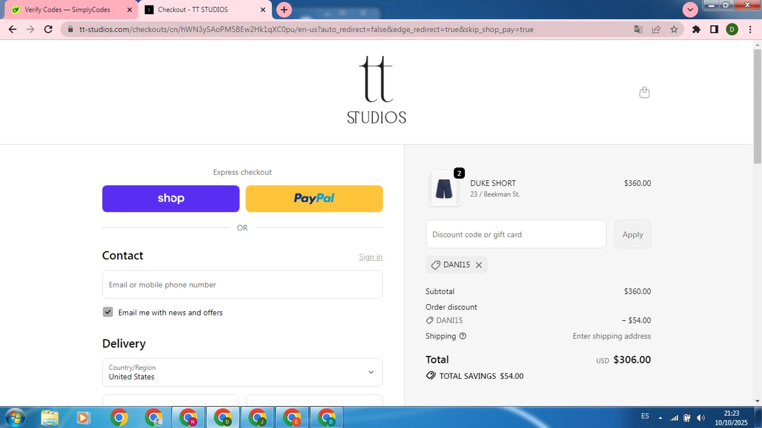TT Studios promo code screenshot showing code dani15 applied at TT Studios checkout page. Uploaded by SimplyCodes community member SilverMonarch5527 on Oct 11, 2025
