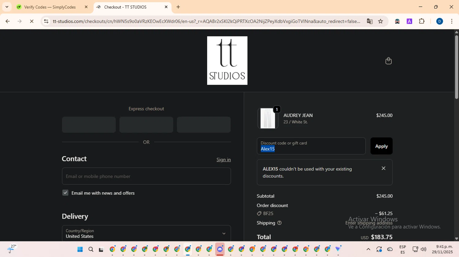 TT Studios promo code screenshot showing code Alex15 applied at TT Studios checkout page. Uploaded by SimplyCodes community member DealVoyager8768 on Nov 30, 2025