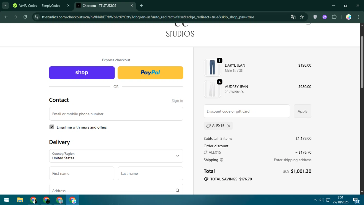 TT Studios promo code screenshot showing code Alex15 applied at TT Studios checkout page. Uploaded by SimplyCodes community member Estrellitacoairis on Oct 27, 2025