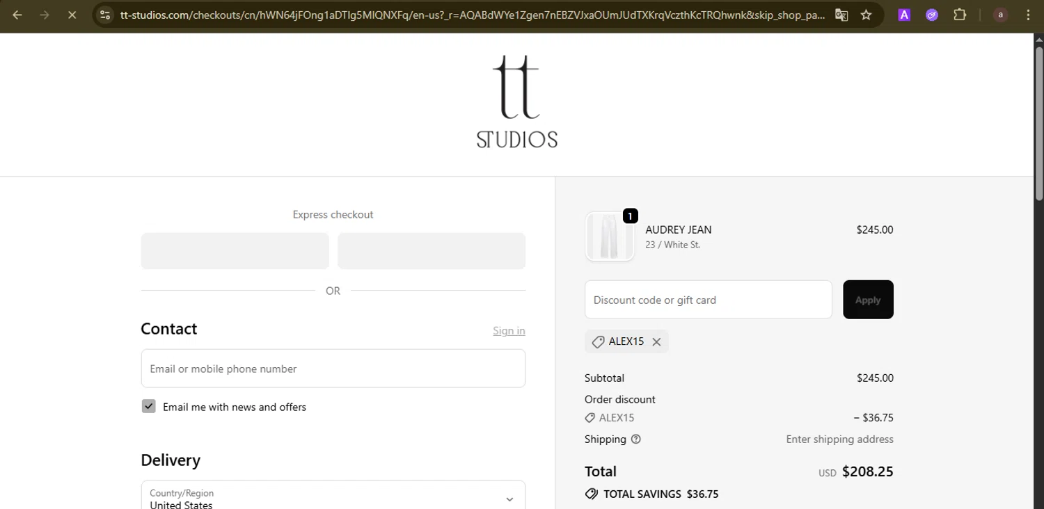 TT Studios promo code screenshot showing code Alex15 applied at TT Studios checkout page. Uploaded by SimplyCodes community member GoldCurator1773 on Dec 5, 2025
