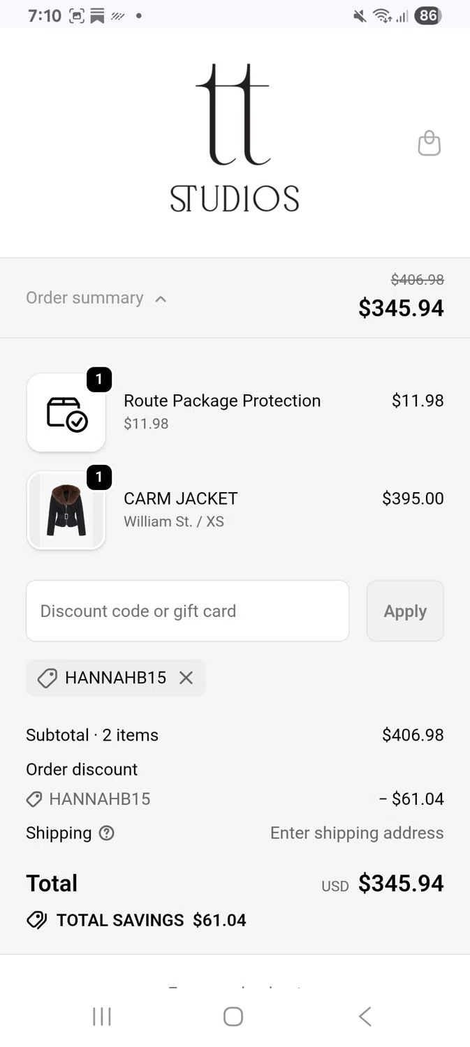 TT Studios promo code screenshot showing code Hannahb15 applied at TT Studios checkout page. Uploaded by SimplyCodes community member KarinaHZ on Dec 7, 2025