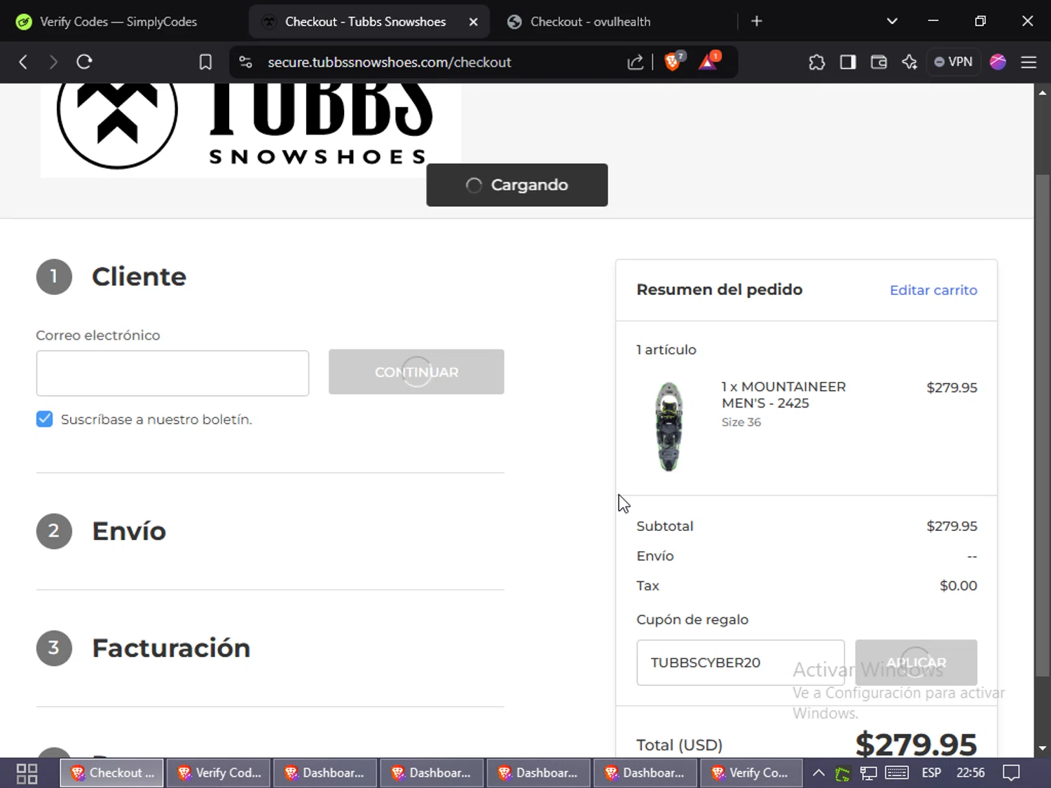 Tubbs Snowshoes promo code screenshot showing code TUBBSCYBER20 applied at Tubbs Snowshoes checkout page. Uploaded by SimplyCodes community member MoneyEagle4780 on Jan 23, 2025