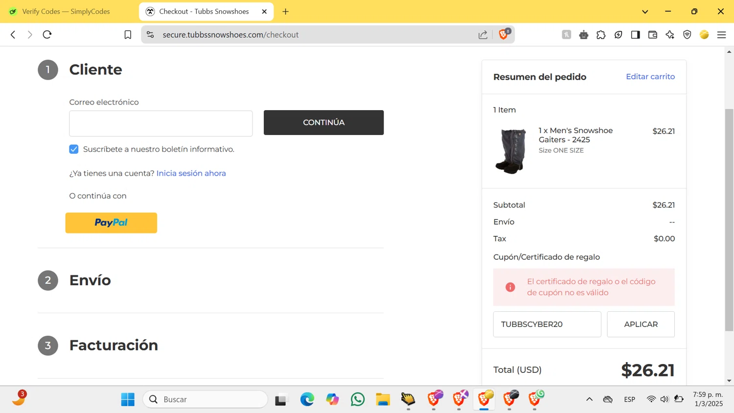 Tubbs Snowshoes promo code screenshot showing code TUBBSCYBER20 applied at Tubbs Snowshoes checkout page. Uploaded by SimplyCodes community member lirguin on Mar 1, 2025