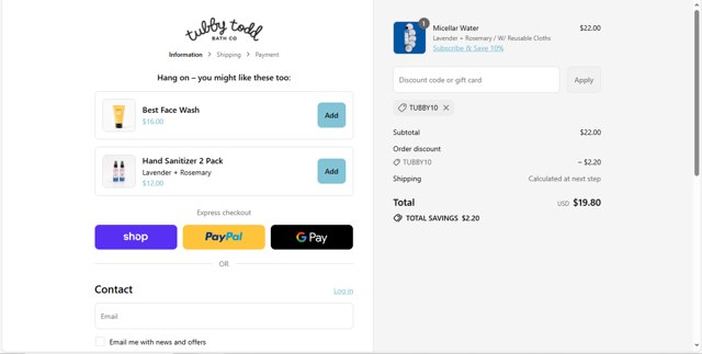 Tubby Todd Bath Co checkout page showing Tubby Todd Bath Co promo code box | Screenshot taken by SimplyCodes community member on Sep 2, 2025