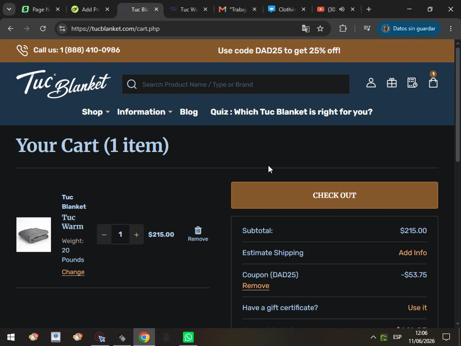 Tuc Blanket promo code screenshot showing code DAD25 applied at Tuc Blanket checkout page. Uploaded by SimplyCodes community member MarcosAranguren on Jun 11, 2026