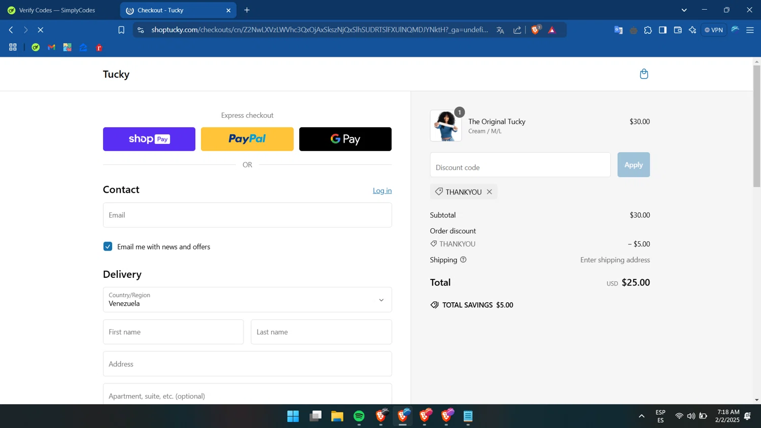 Tucky promo code screenshot showing code THANKYOU applied at Tucky checkout page. Uploaded by SimplyCodes community member goroeditor on Feb 2, 2025