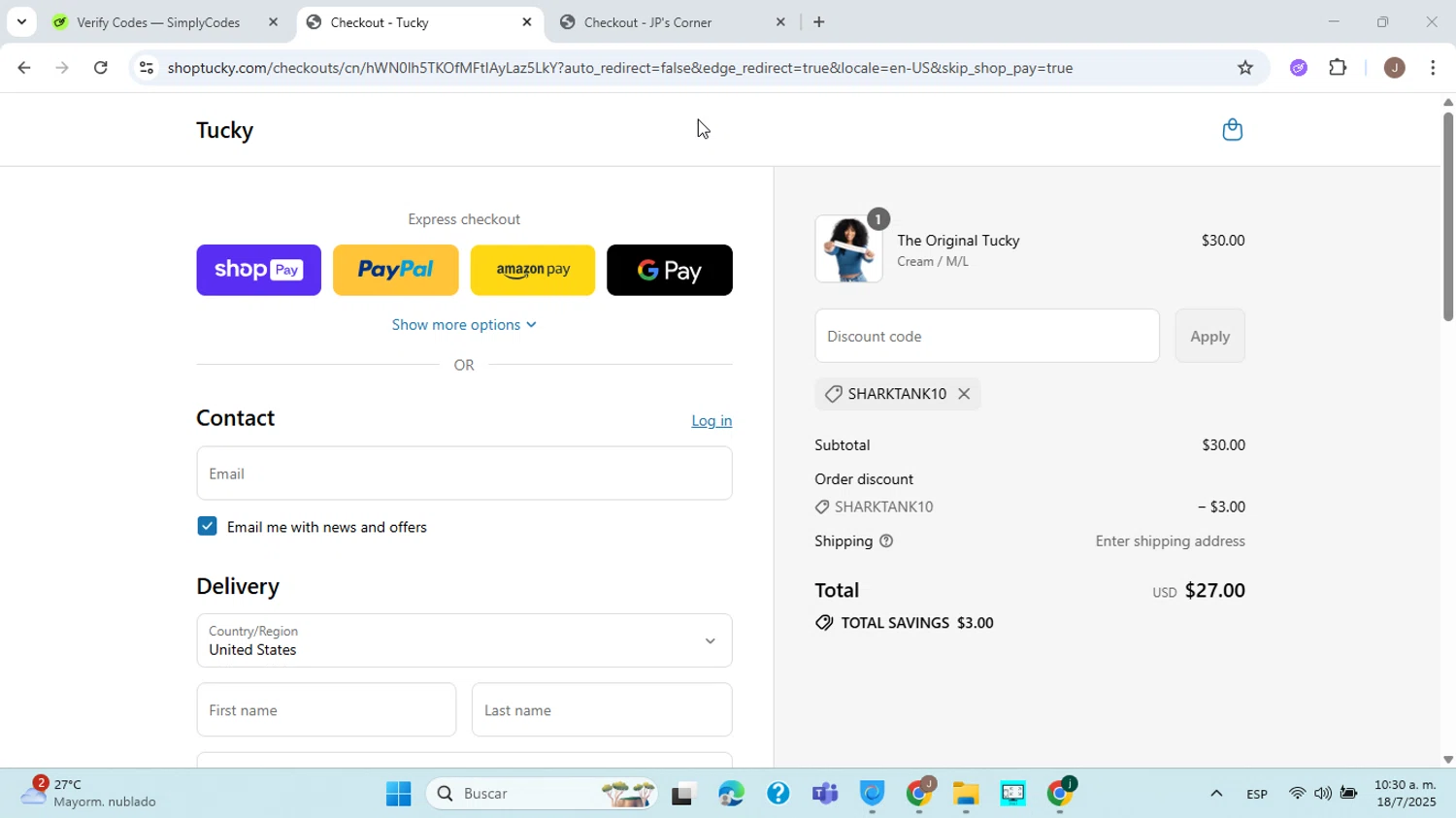 Tucky promo code screenshot showing code SharkTank10 applied at Tucky checkout page. Uploaded by SimplyCodes community member ABHF23 on Jul 18, 2025