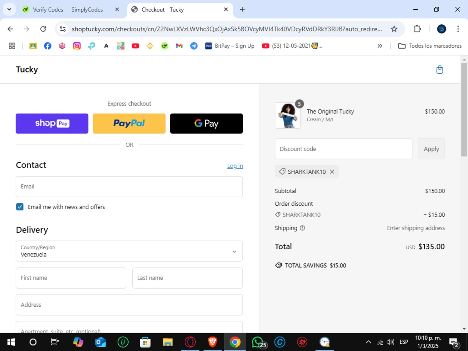 Tucky promo code screenshot showing code SharkTank10 applied at Tucky checkout page. Uploaded by SimplyCodes community member SunJinWoo on Mar 2, 2025