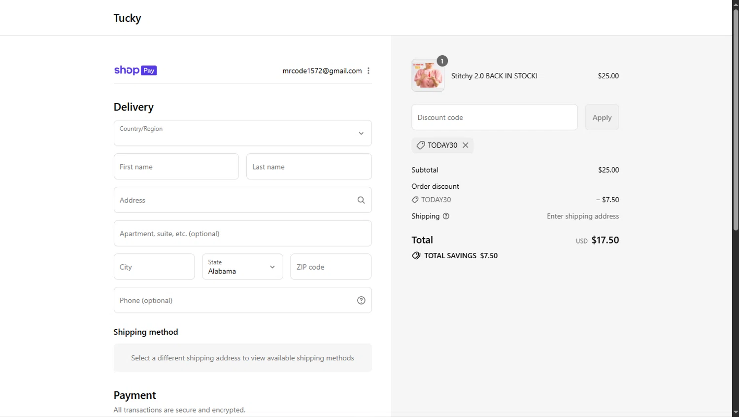 Tucky promo code screenshot showing code TODAY30 applied at Tucky checkout page. Uploaded by SimplyCodes community member TokioMiller on Jul 18, 2025