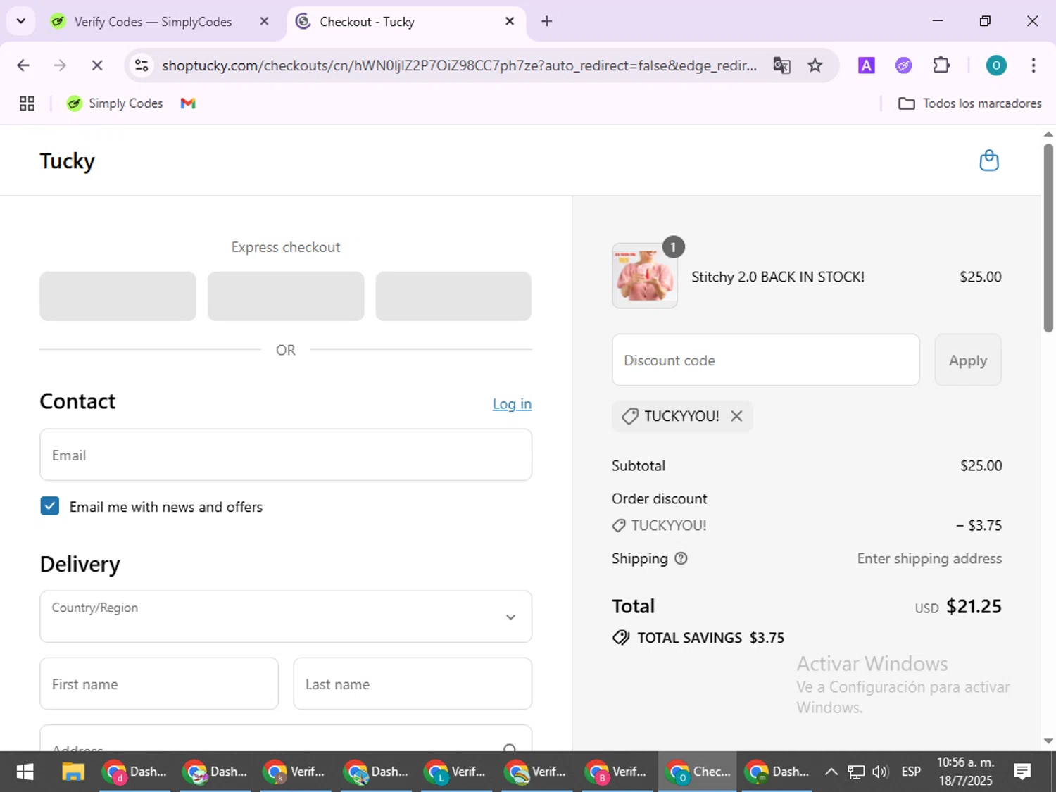 Tucky promo code screenshot showing code TUCKYYOU! applied at Tucky checkout page. Uploaded by SimplyCodes community member BudgetSeeker9524 on Jul 18, 2025